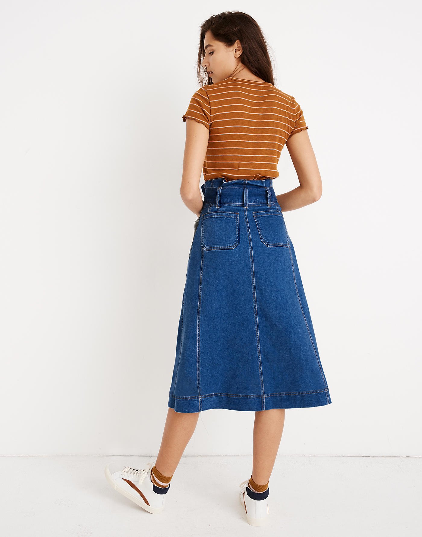 Paperbag Denim Midi Skirt
